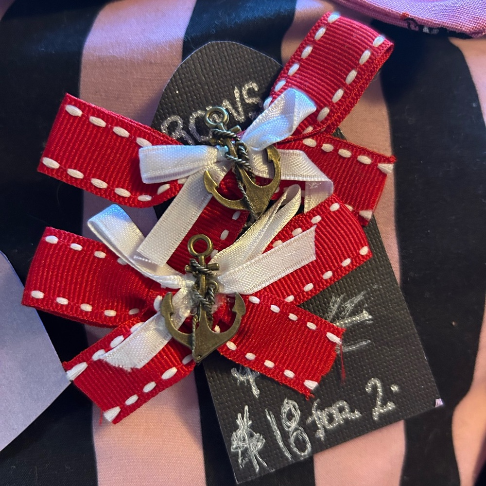 Red white hair bow NEW hairbow anchor sailor handmade by me pair